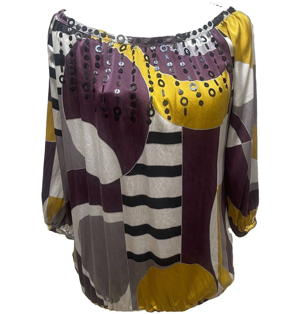 Marciano Silk Sequin Blouse Geometric Abstract Y2K Whimsigoth Top XS Artsy Edgy
